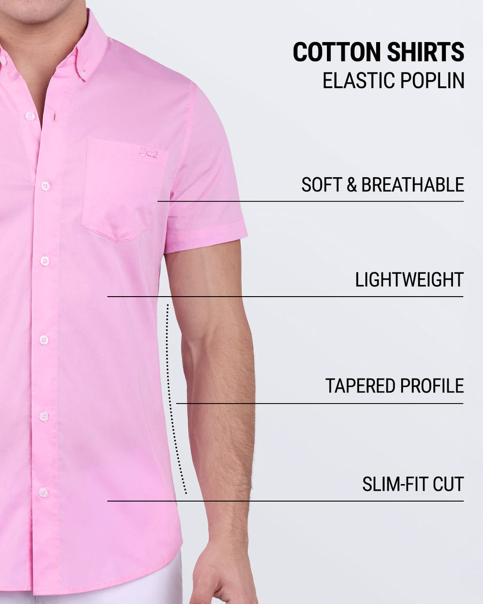 DC2 La Beach en Rose cotton shirt – breathable, lightweight, tapered and slim-fit for a sleek look.