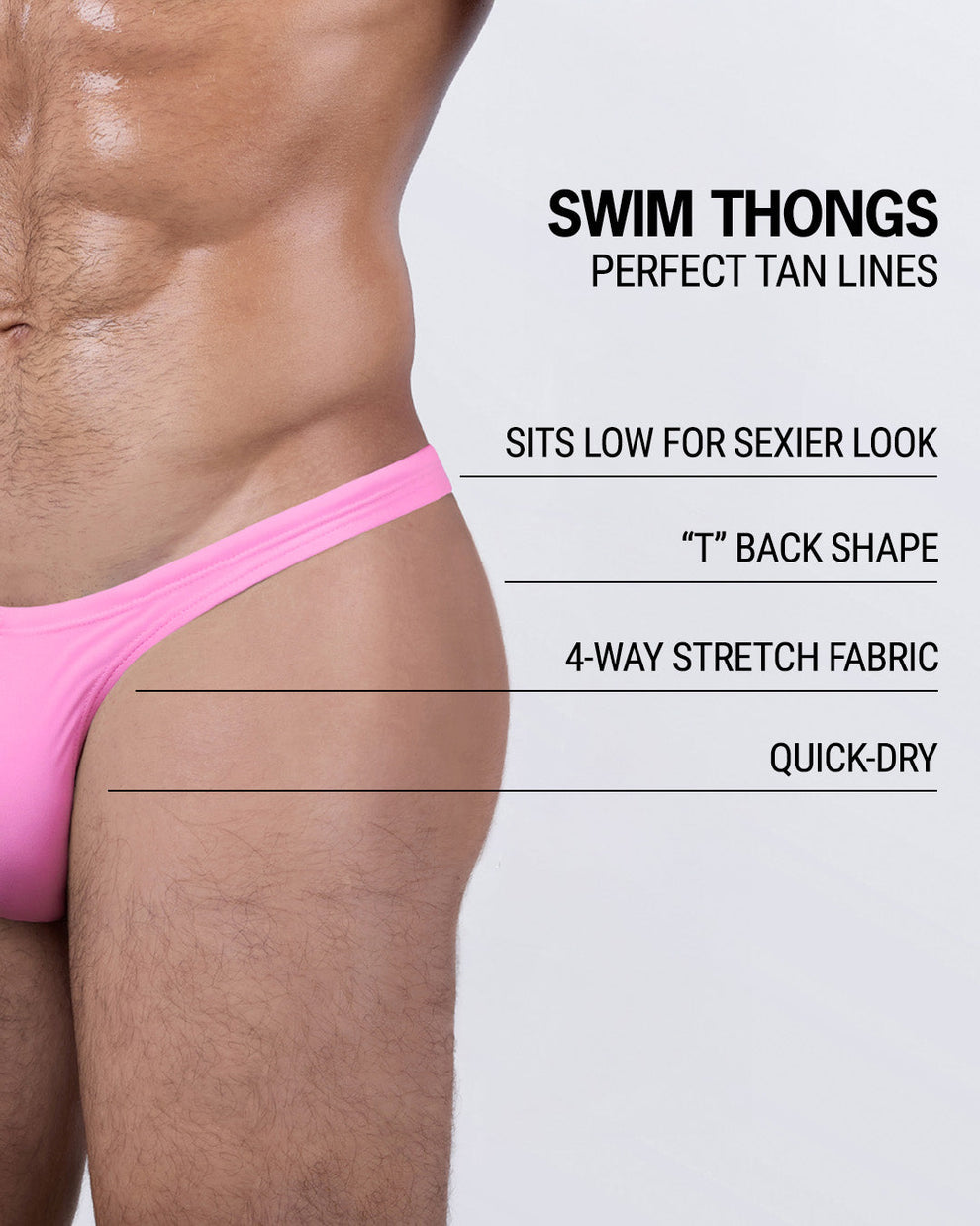 Close-up side view of the La Beach En Rose swim thong with text overlay describing features: sits low for sexier look, “T” back shape, 4-way stretch fabric, and quick-dry material.