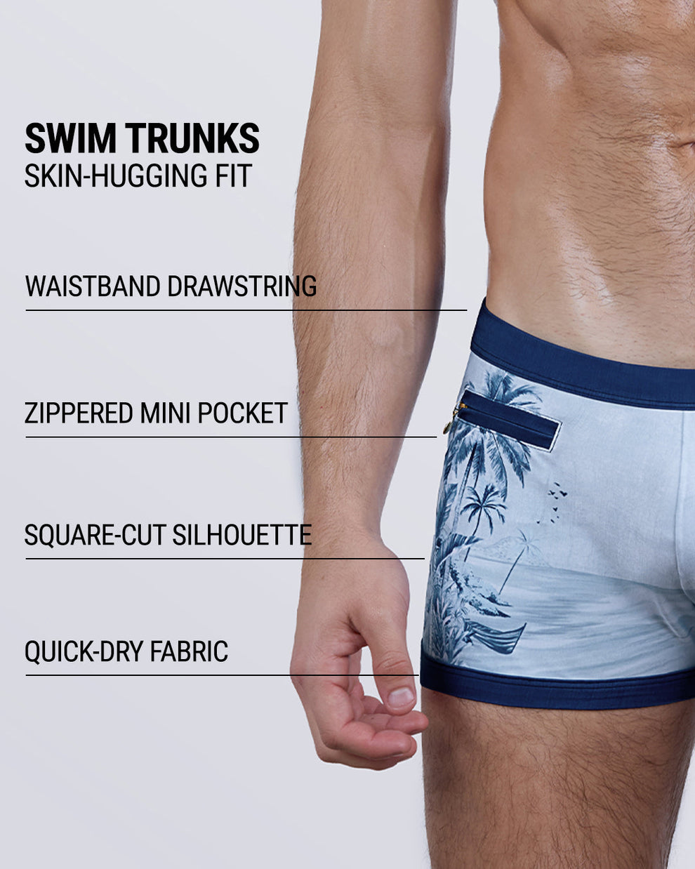 LA ISLA BONITA swim trunks feature callouts for: zippered mini pocket, supportive waistband drawstring, square-cut silhouette, and quick-dry swim fabric. Designed for style, function, and tropical look.