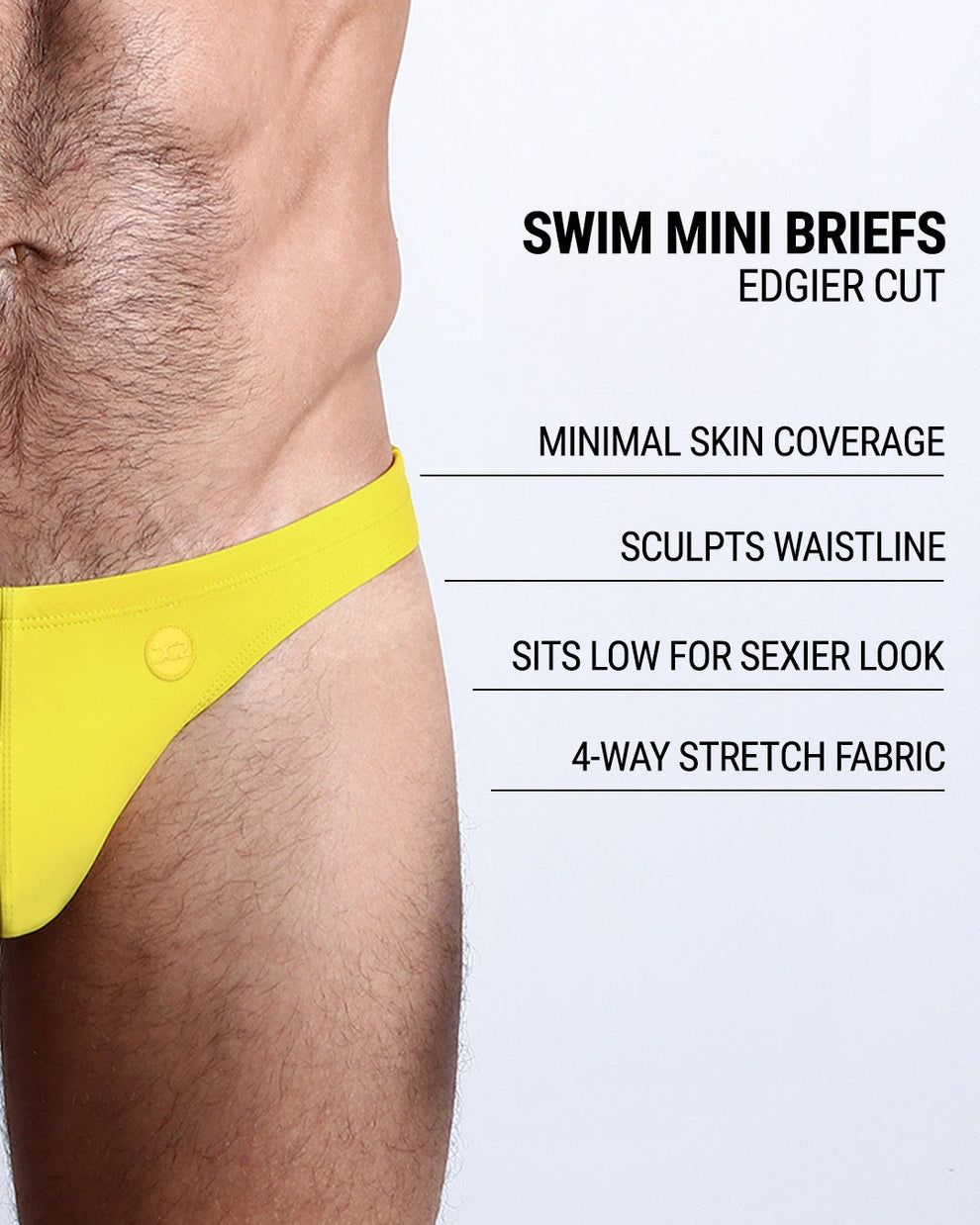 Product details graphic of Limoncello Swim Mini Briefs — showcasing minimal coverage, 4-way stretch, and sculpted low-rise fit.