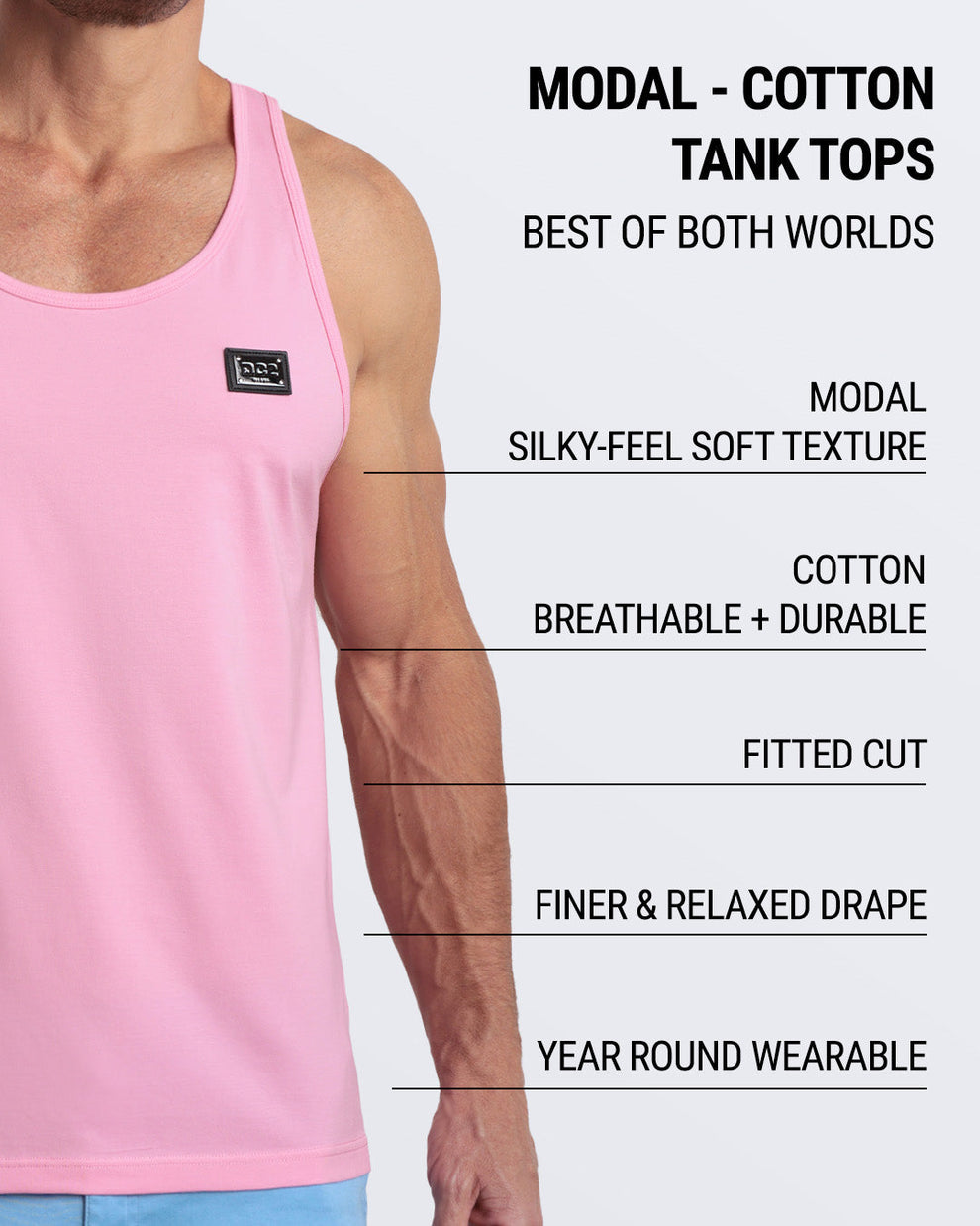 Infographic explaining the features of DC2 Miami's Modal Cotton Tank Tops. Highlights include a silky-feel soft texture from modal, breathable, and durable cotton, a fitted cut for a sleek look, a finer and relaxed drape, and versatility as a year-round wearable piece. The tank top combines the best of both worlds for comfort and style, ideal for gym wear and casual outfits.