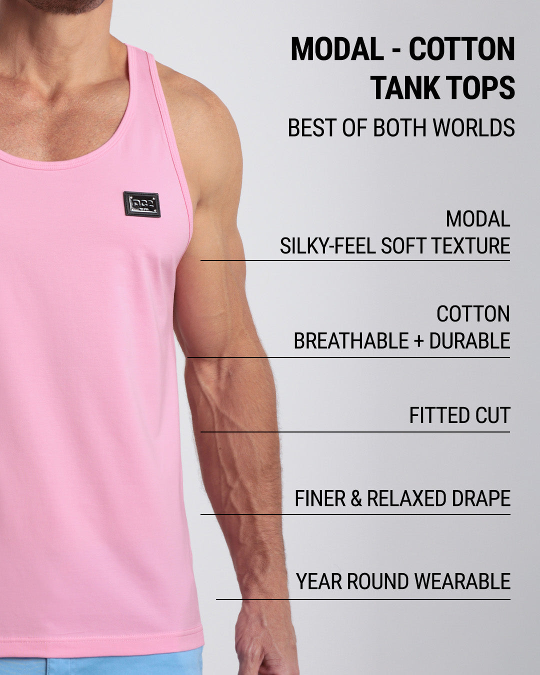 Infographic explaining the features of DC2 Miami's Modal Cotton Tank Tops. Highlights include a silky-feel soft texture from modal, breathable, and durable cotton, a fitted cut for a sleek look, a finer and relaxed drape, and versatility as a year-round wearable piece. The tank top combines the best of both worlds for comfort and style, ideal for gym wear and casual outfits.