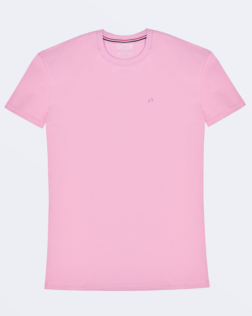 Frontal view of a male model wearing a light pink color modal cotton t-shirt, crafted for stylish casual wear and beachwear by DC2 Miami. Premium quality men's streetwear t-shirt, perfect fit for summer fashion.