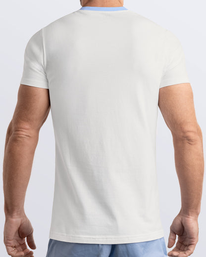 Back view of a white men's t-shirt with a light blue collar, made from soft, durable and breathable Pima cotton. Part of the DC2 Miami men's streetwear and beachwear collection, ideal for casual summer outfits.