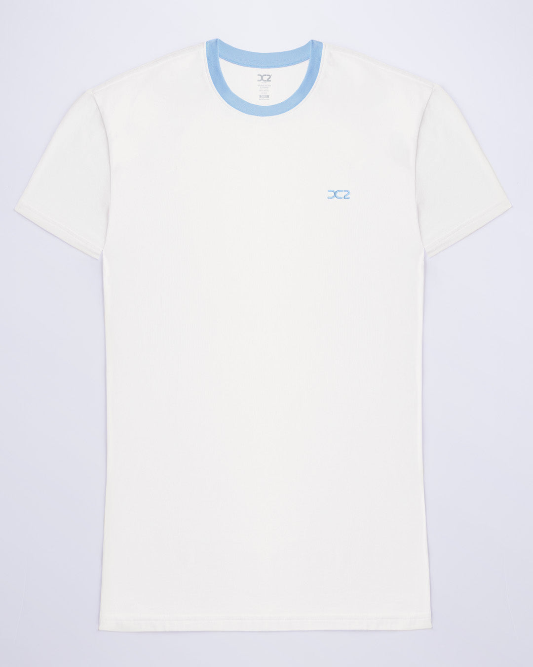 The men's premium solid white color LOTUS WHITE Pima cotton t-shirt with a contrasting light blue collar and embroidered DC2 logo. Perfect for a modern casual look, this streetwear tee is part of the DC2 Miami men's beachwear collection, designed for comfort and style.