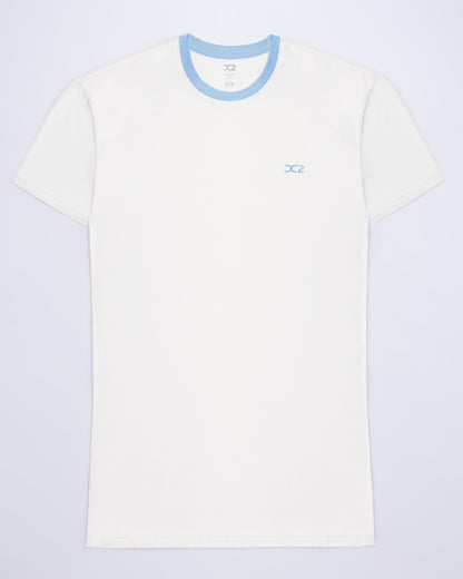 The men's premium solid white color LOTUS WHITE Pima cotton t-shirt with a contrasting light blue collar and embroidered DC2 logo. Perfect for a modern casual look, this streetwear tee is part of the DC2 Miami men's beachwear collection, designed for comfort and style.