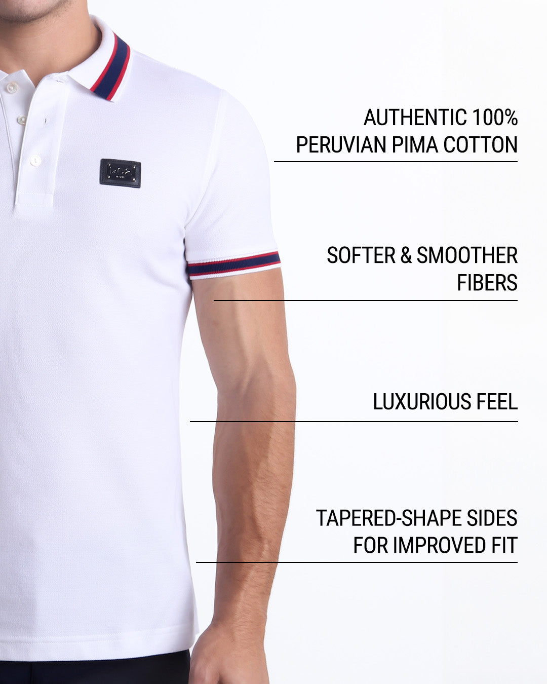 Infographic explaining that DC2 Polo Shirts are crafted from authentic 100% Peruvian Pima Cotton, featuring softer and smoother fibers, a luxurious feel, and tapered sides for an improved fit.