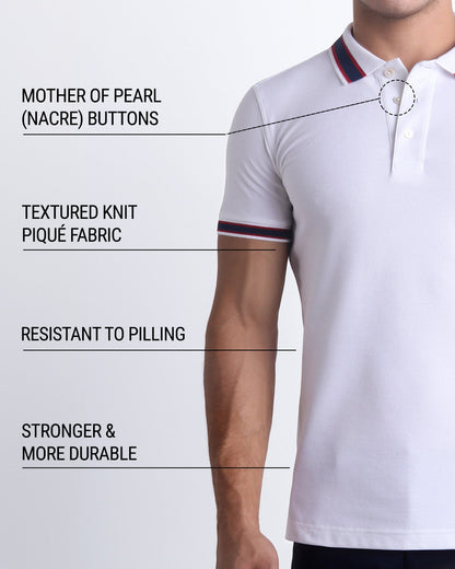 An infographic explaining that DC2 Polo Shirts feature mother of pearl (nacre) buttons, textured knit pique fabric, resistance to pilling, and enhanced strength and durability.