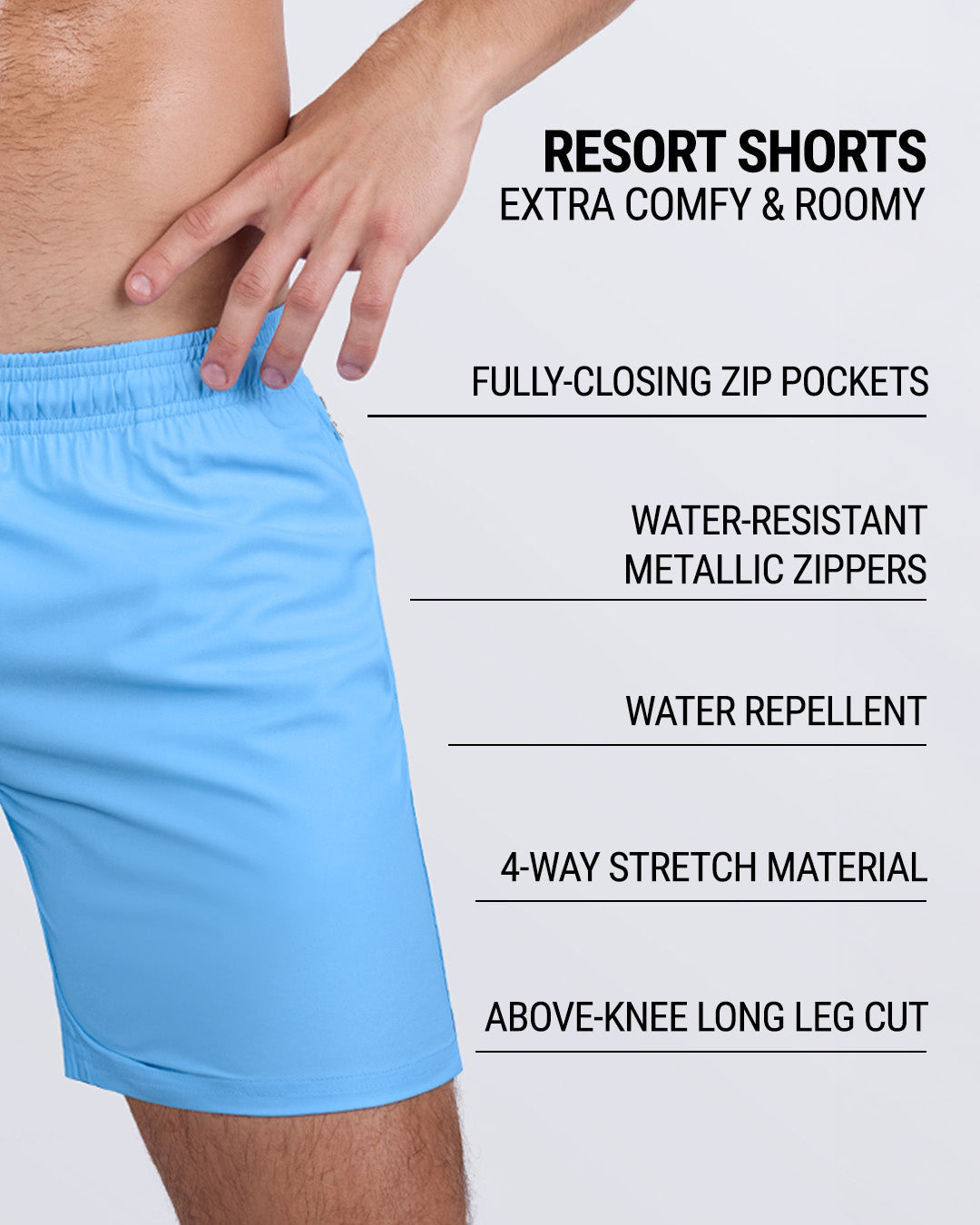 Close-up view of a male model wearing DC2’s MAGNET BLUE Resort Shorts. These premium men's beachwear shorts feature a roomy fit, fully-closing zip pockets, water-resistant metallic zippers, water-repellent fabric, and a 4-way stretch material for enhanced comfort. The above-knee long leg cut adds a stylish touch, making them perfect for beach days and casual wear. Designed by DC2, a Miami-based men's fashion brand.
