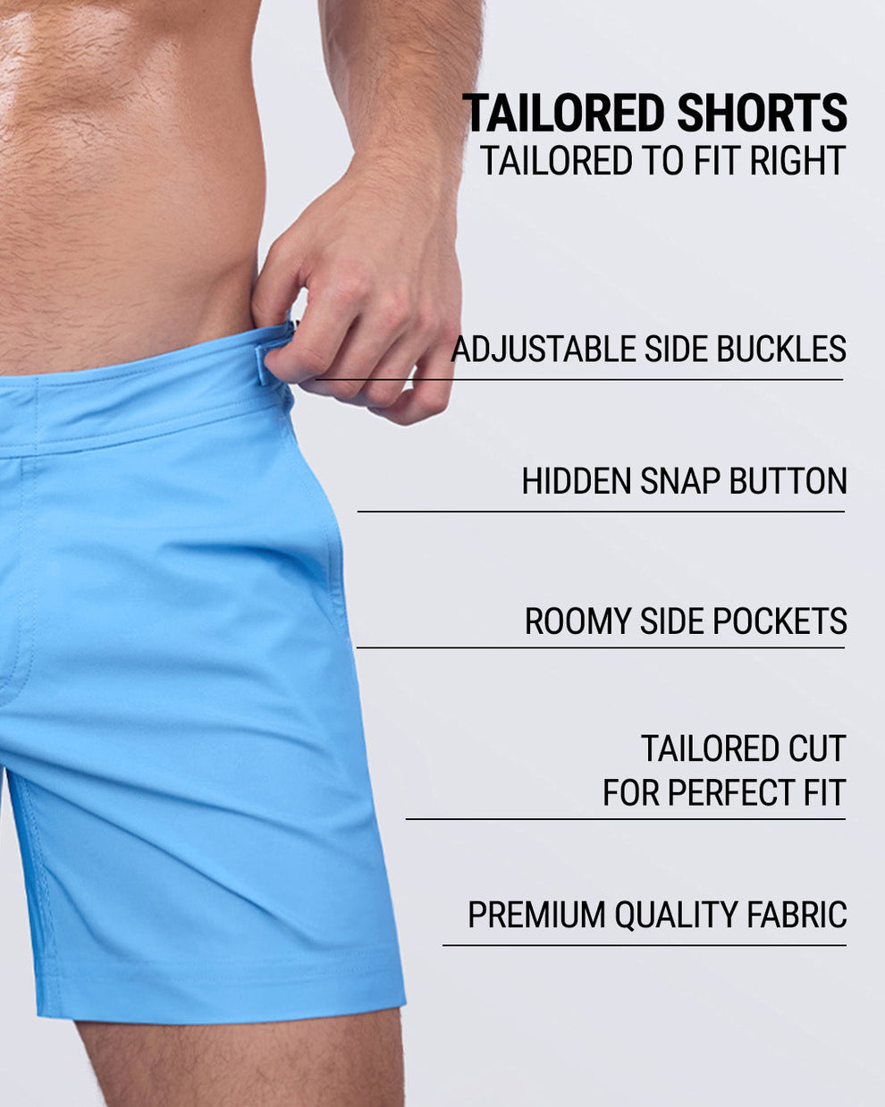 Premium men’s Tailored Shorts with adjustable buckles, hidden snap button closure, and spacious side pockets. Made from breathable, water-resistant fabric, these designer men’s tailored swim trunks provide the perfect balance of style and functionality for summer beachwear.