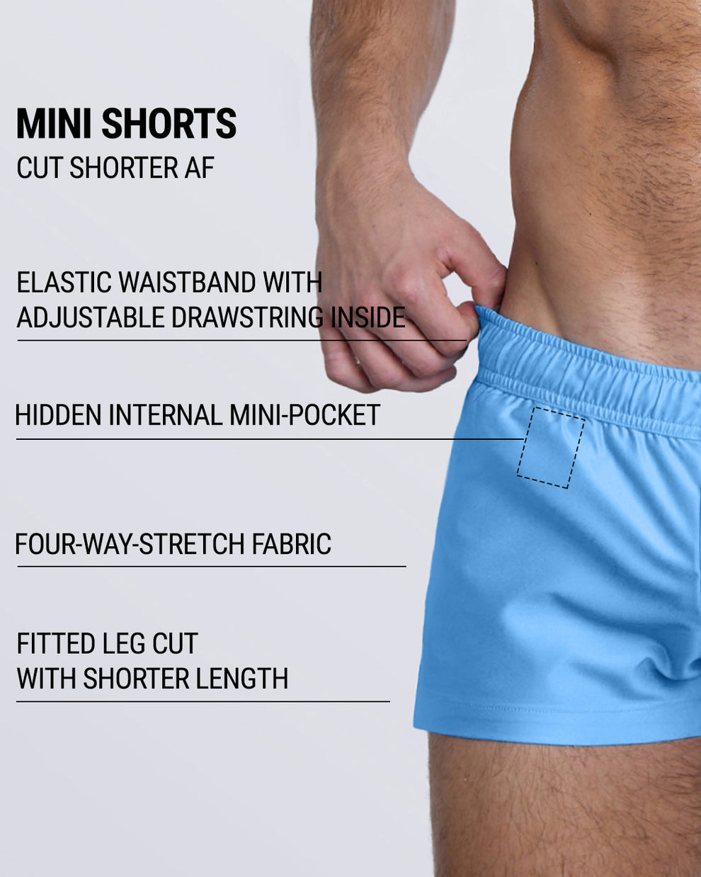Magnet Blue DC2 Mini Shorts—shorter length, hidden mini pocket, and fitted quad-flattering silhouette.