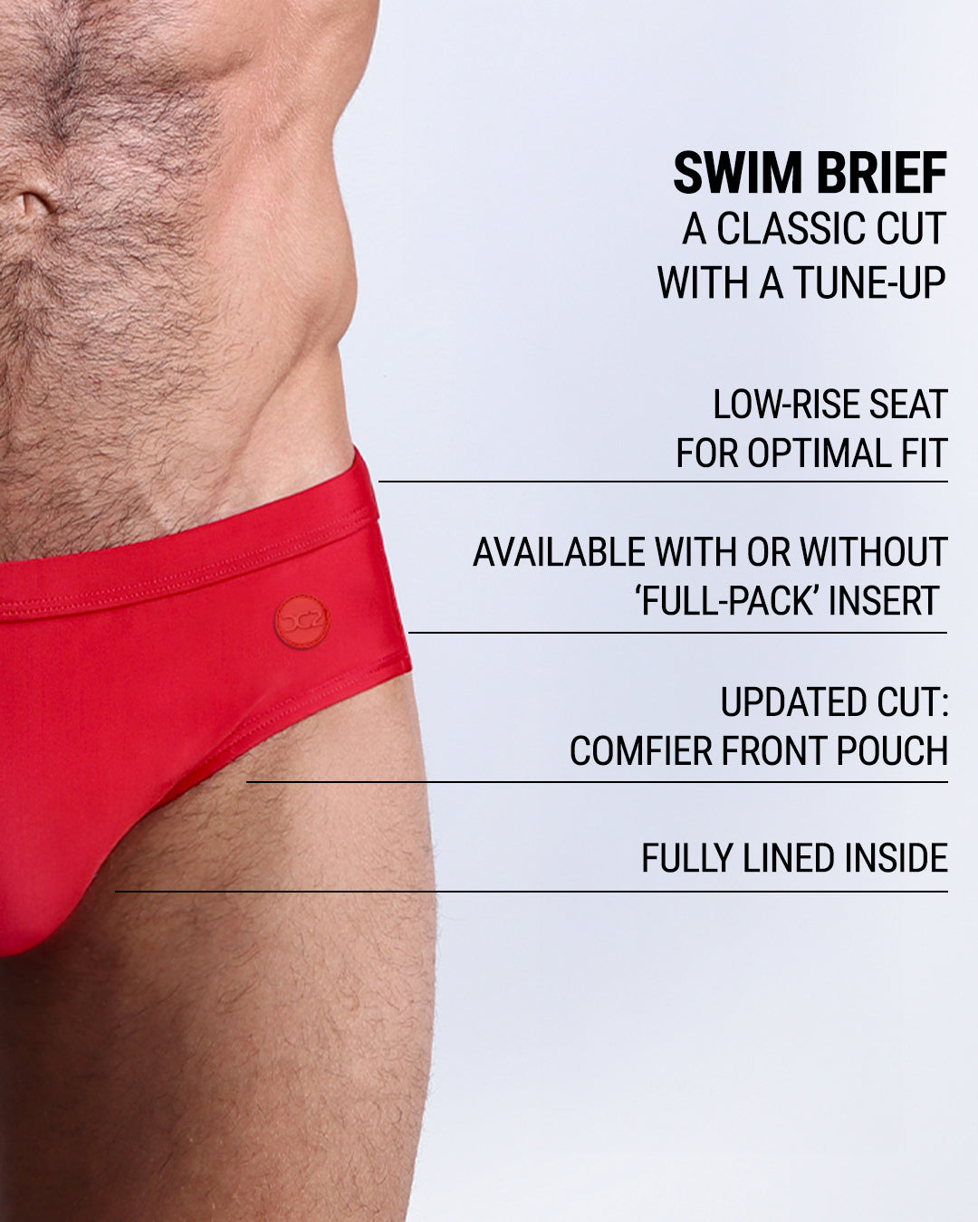 DC2 MAJESTIC RED Swim Briefs product breakdown — featuring low-rise cut, Full-Pack insert, and updated comfort pouch.