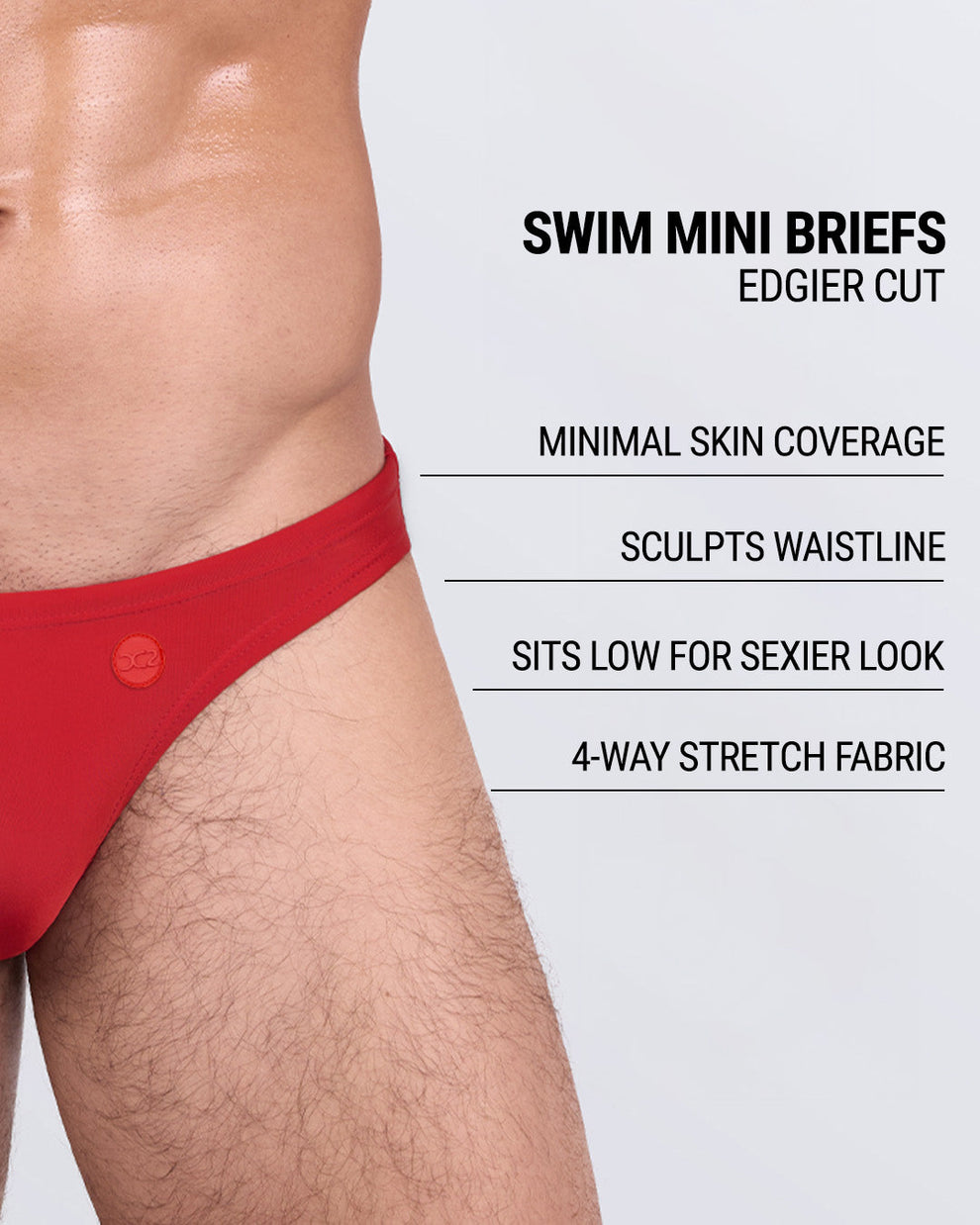 Product details graphic of Majestic Red Swim Mini Briefs — showcasing sculpted cut, 4-way stretch, and minimal coverage.