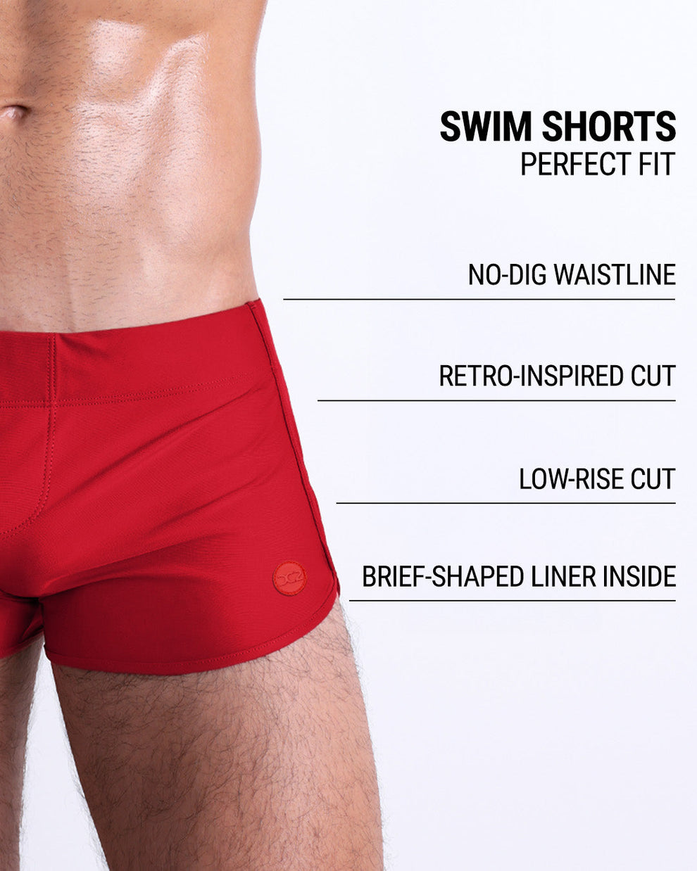 Product details graphic of MAJESTIC RED Swim Shorts — showcasing low-rise retro cut, no-dig waistband, and inner brief lining.