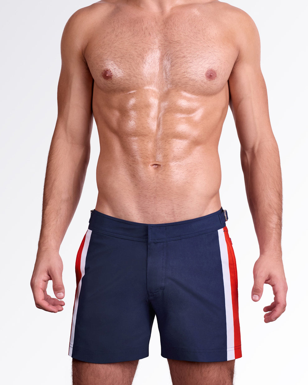DC2 Miami Maritime Tailored Shorts — front view showing structured navy shorts with vertical red and white stripe panels and clean tailored fit.