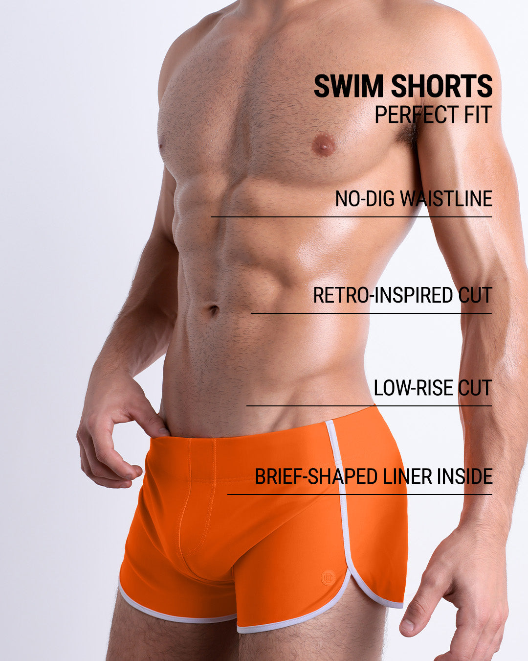 These infographics illustrate the features of the new DC2 Swim Shorts in MATCH POINT ORANGE. They have a retro-inspired cut, a low-rise design, and a brief-shaped liner inside, while the no-dig waistline ensures maximum comfort.