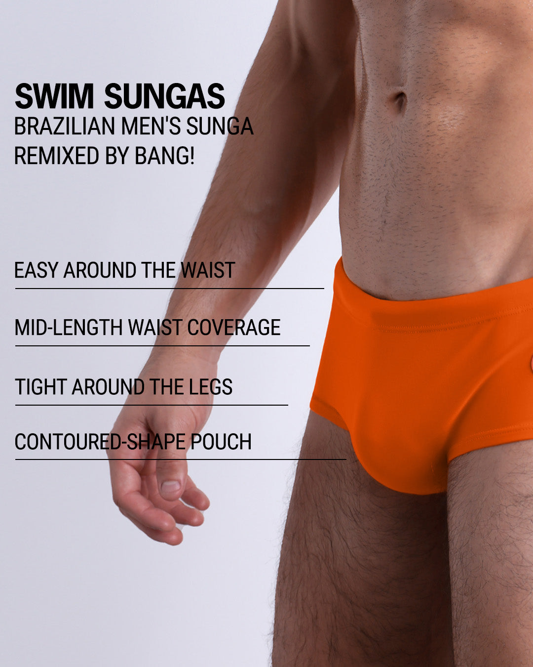 Infographic explaining the Brazilian Men's Swim Sunga remixed by BANG! These Swim Sunga are easy around the waist, are mid-length waist coverage, are tight aroung the legs, and have contoured-shape pouch.