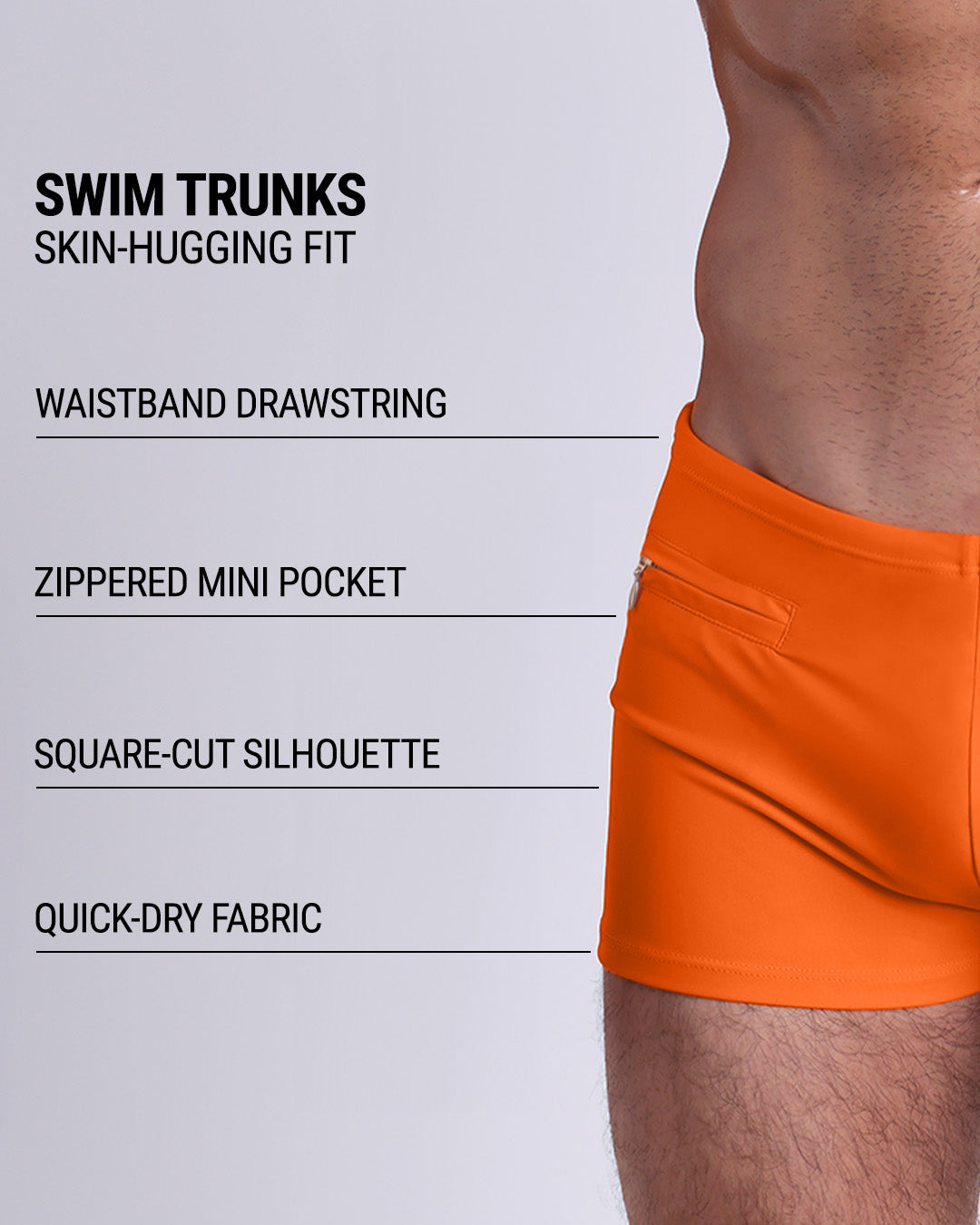 Infographic explaining the Swim Trunks swimming shorts by DC2. These Swim Trunks have a skin-hugging fit, have a waistband drawstring, zippered mini pocket, square-cut silhouette and quick-dry fabric.