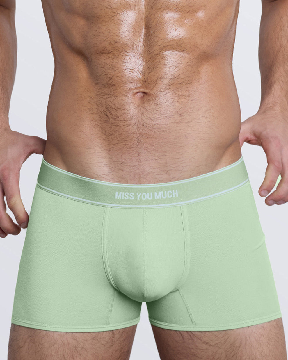 DC2 MISS YOU MUCH Boxer Brief — close-up of green men’s modal boxer briefs with contoured pouch design.