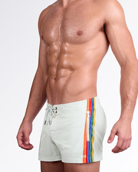 DC2 Miami Mixtape Stripes Flex Shorts — model wearing men’s swim shorts in light sage with multicolor side stripes, featuring lace-up waistband and tailored flex fit.