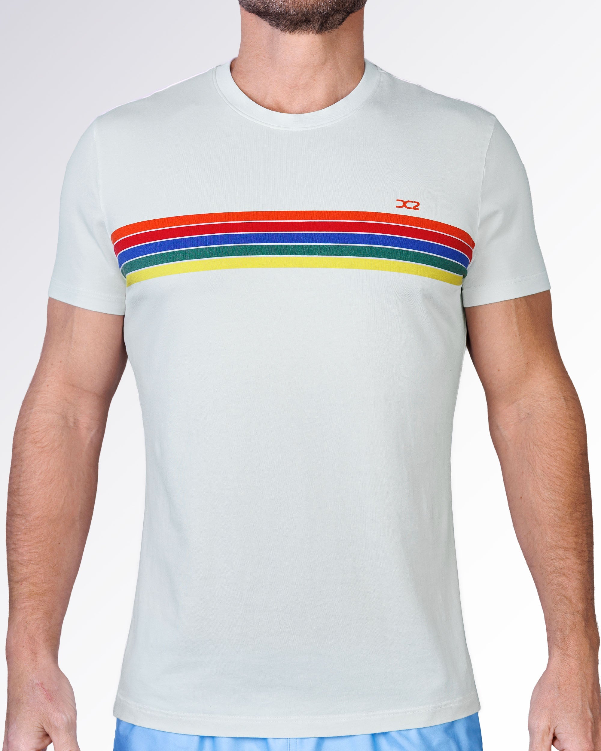 Mixtape Stripes Cotton Graphic T-Shirt by DC2 Miami featuring retro multicolor chest stripes on a soft light gray crewneck tee.