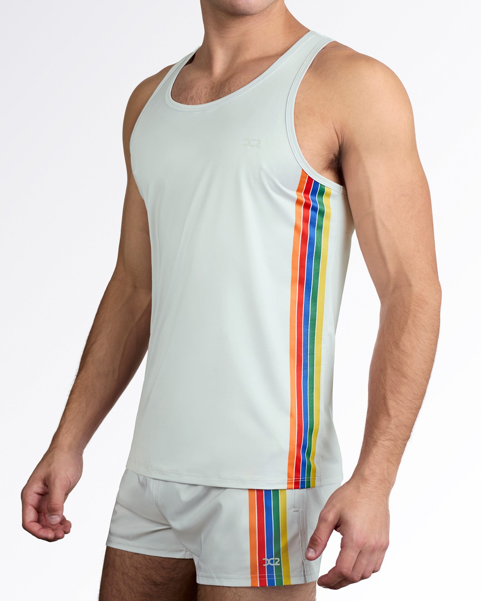 Product detail of DC2 Mixtape Stripes Tank Top — styled with matching Mixtape Stripes shorts, featuring coordinated vertical stripe placement for a complete men’s Summer beachwear set.