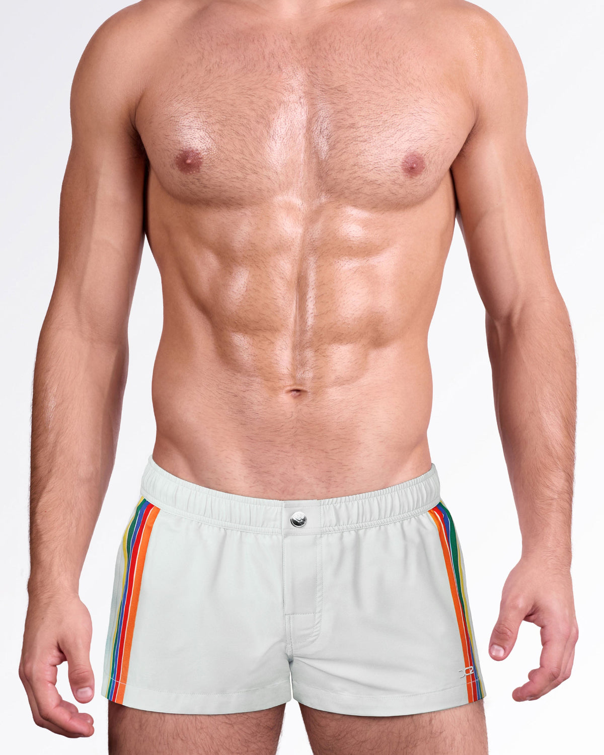 Mixtape Stripes Mini Shorts by DC2 Miami featuring a light grey swim silhouette with vibrant multicolor side stripes and a tailored fit.