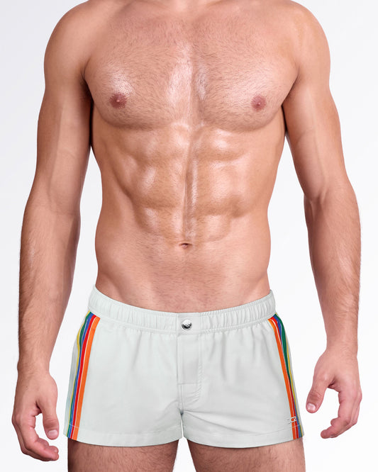 Mixtape Stripes Mini Shorts by DC2 Miami featuring a light grey swim silhouette with vibrant multicolor side stripes and a tailored fit.