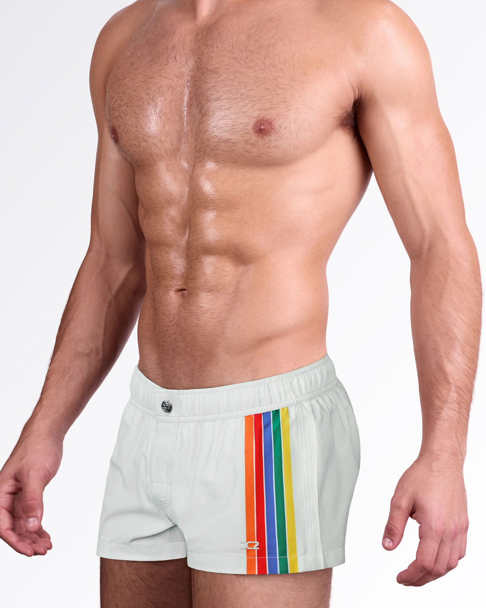 Side view of Mixtape Stripes Mini Shorts by DC2 Miami showcasing bold rainbow-inspired stripes and a modern retro swimwear design.