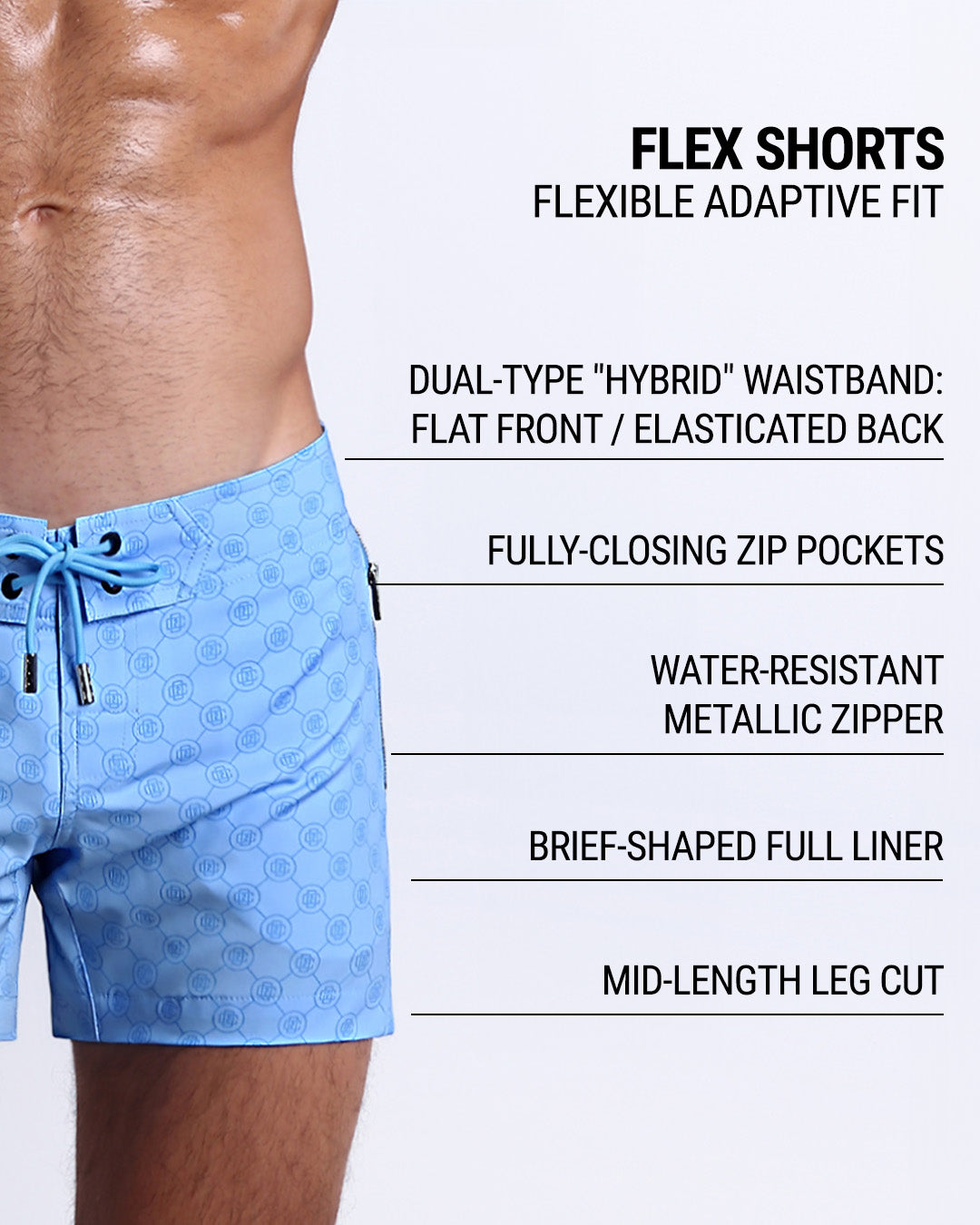 DC2’s Flex Shorts feature a dual-type “hybrid” waistband, fully-closing zip pockets, water-resistant metallic zipper, full liner, and mid-length leg cut for an adaptive, flexible fit.