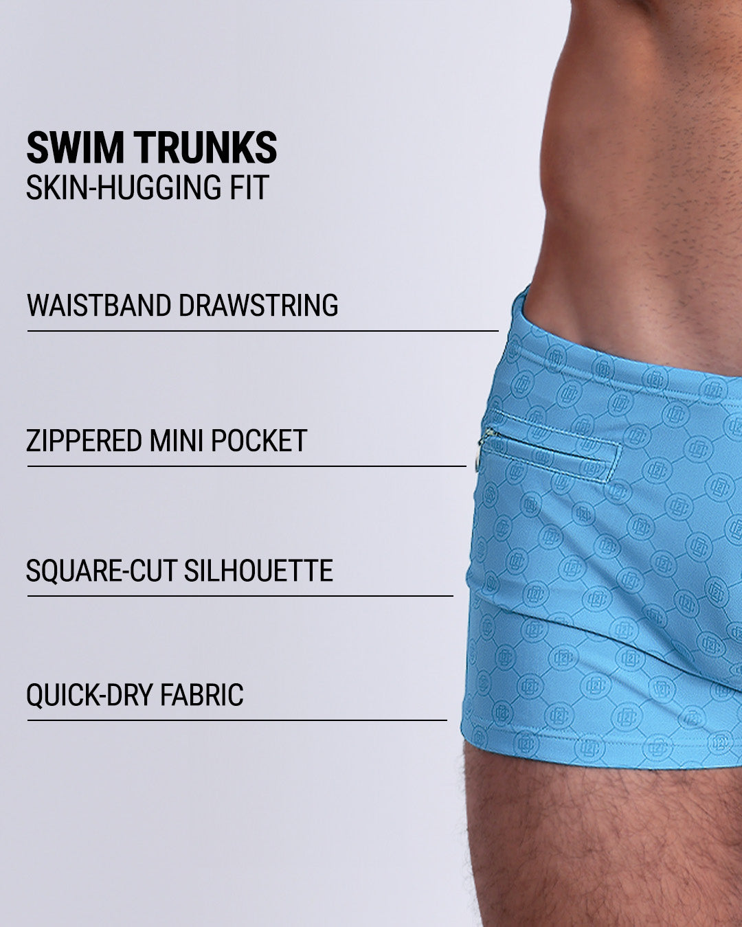 Infographic explaining the Swim Trunks swimming shorts by DC2. These Swim Trunks have a skin-hugging fit, have separate waistband construction, zippered mini pocket, square-cut form-fitting silhouette and quick-dry fabric.