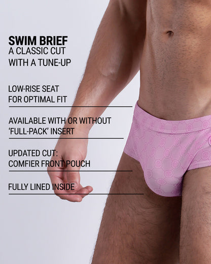 Infographic explaining the edgier cut of the Swim Mini Briefs. Features sculpt waitline, 4-way stretch fabric, sits low for sexier look, and has quick-dry material.