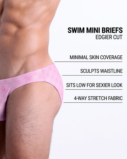 Infographic explaining the edgier cut of the Swim Mini Briefs. Features sculpt waitline, 4-way stretch fabric, sits low for sexier look, and has quick-dry material.