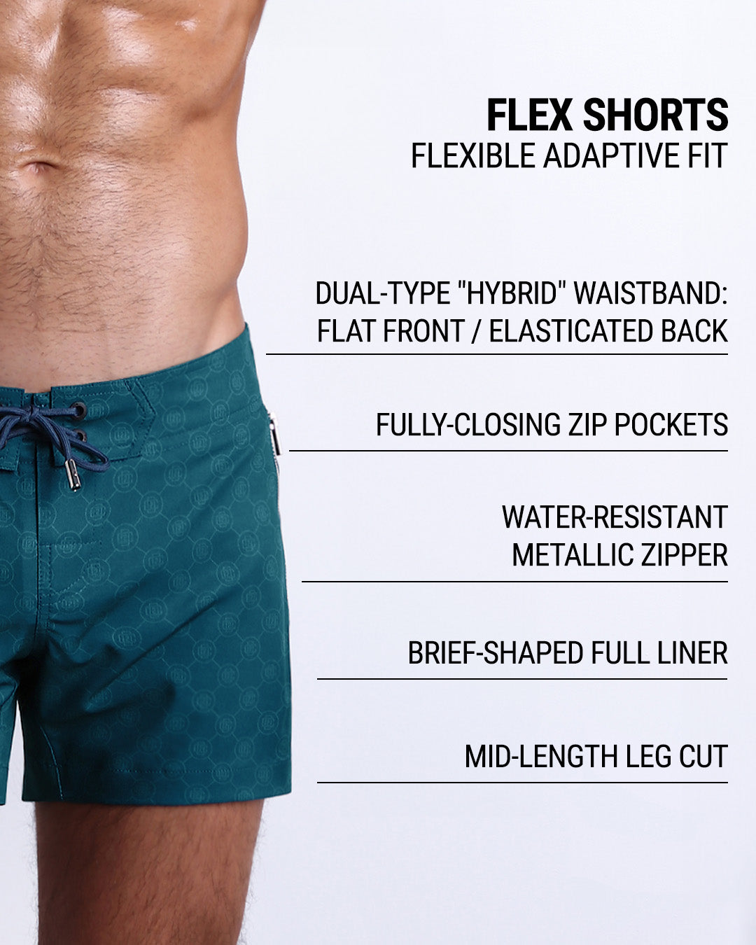 DC2’s Flex Shorts feature a dual-type “hybrid” waistband, fully-closing zip pockets, water-resistant metallic zipper, full liner, and mid-length leg cut for an adaptive, flexible fit.