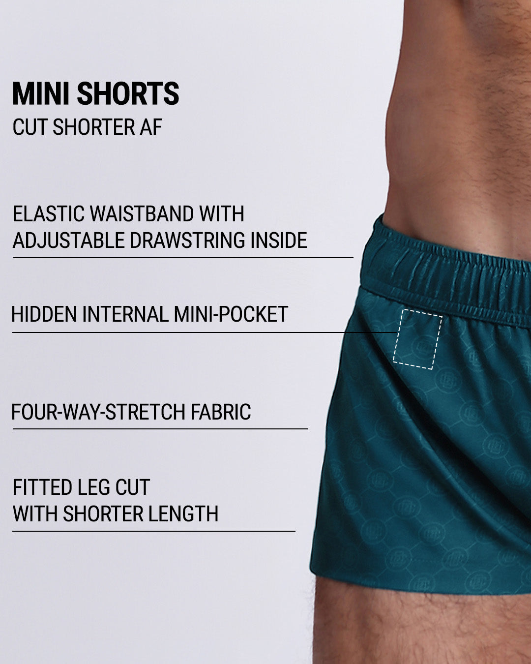 Infographic explaining the many features of the MONO TEAL Mini Shorts. These MINI SHORTS have elastic waistband with adjustable drawstring inside, hidden internal mini-pocket, 4-way stretch fabric, and are quad friendly with shorter leg length.