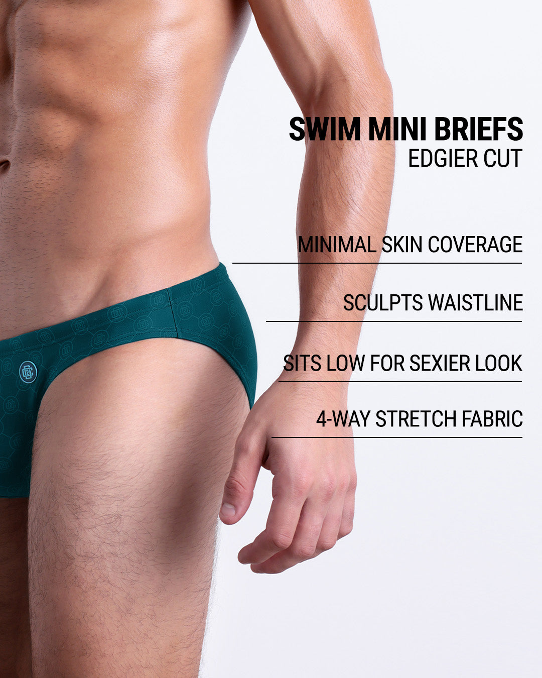 Infographic explaining the edgier cut of the Swim Mini Briefs. Features sculpt waitline, 4-way stretch fabric, sits low for sexier look, and has quick-dry material.