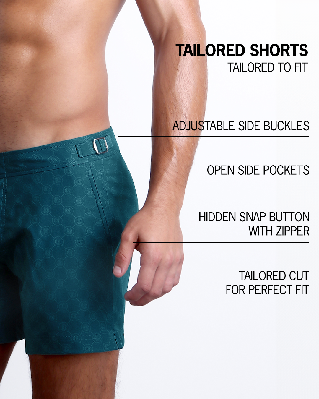 Infographic explaining the Tailored Shorts features and how they're tailored to fit every body form. Featuring hidden snap buttons, adjustable side buckles, roomy pockets, and premium quality fabric.