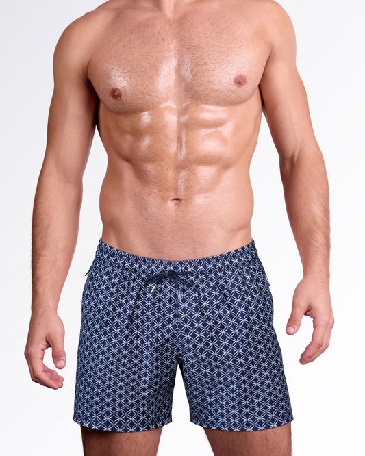Mono Waves Blue Resort Shorts by DC2 Miami featuring an all-over geometric wave print in navy and white with an adjustable drawstring waist.