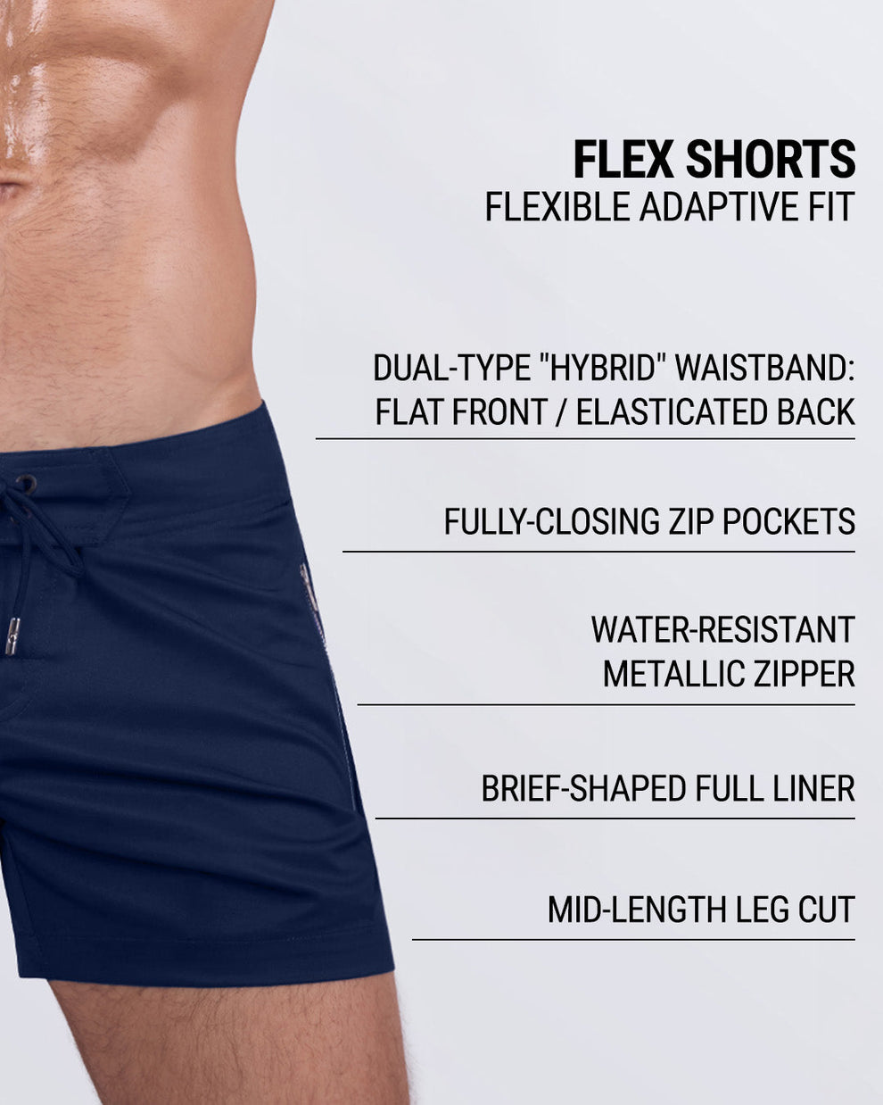 Close-up showing key features: hybrid waistband, fully-closing zip pockets, water-resistant metallic zipper, and brief-shaped full liner for superior comfort and performance.
