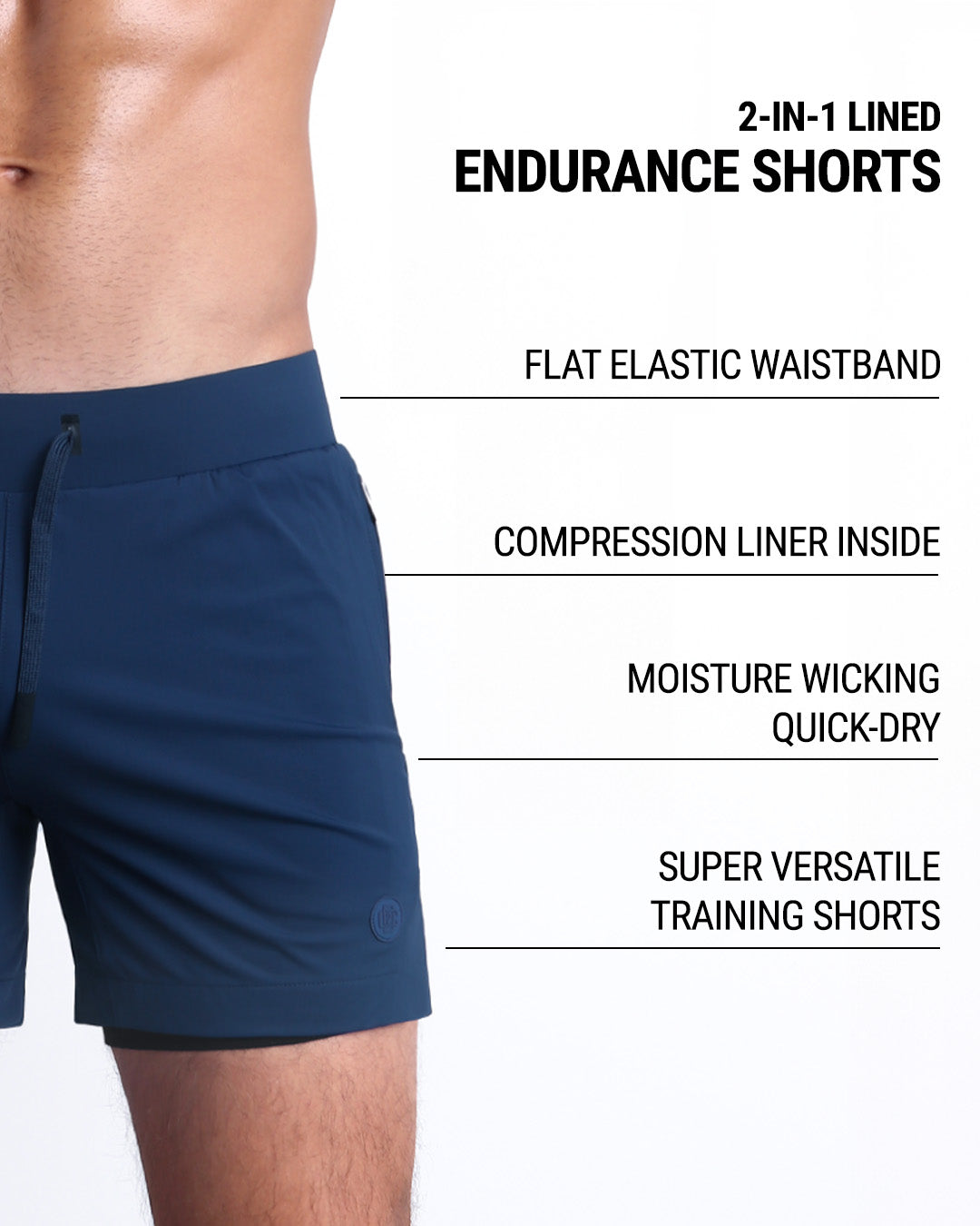 Infographic displaying the features of the men's fitness 2-in-1 Endurance Shorts. These gym shorts come with a flat elastic waistband and a compression liner inside, perfect for active sports such as crossfit, strength training, or running. The activewear shorts are made of moisture-wicking, quick-dry material, making them very versatile training shorts.