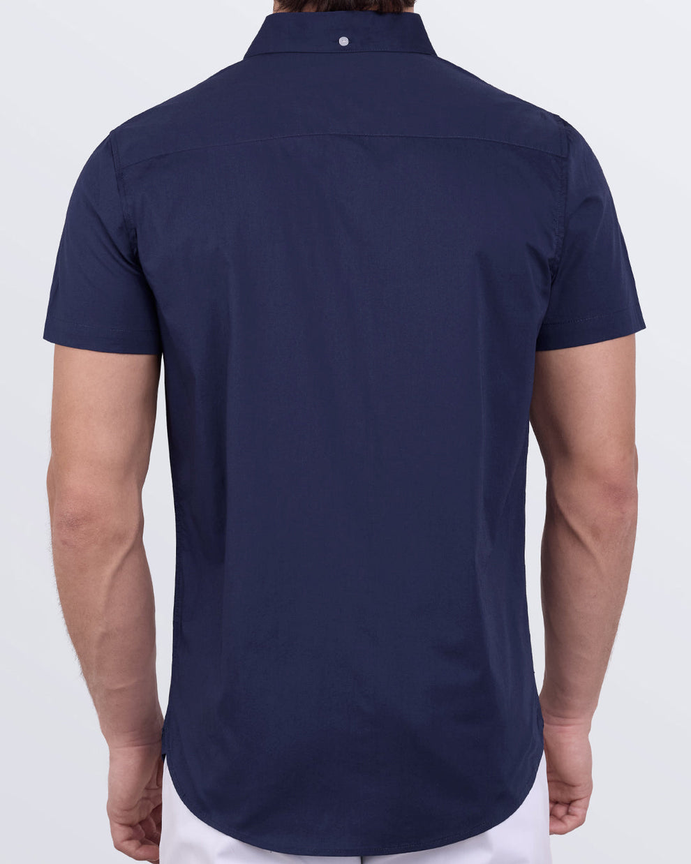 Back view of Navy Boomer cotton shirt for men showing curved hem and modern tailored fit.