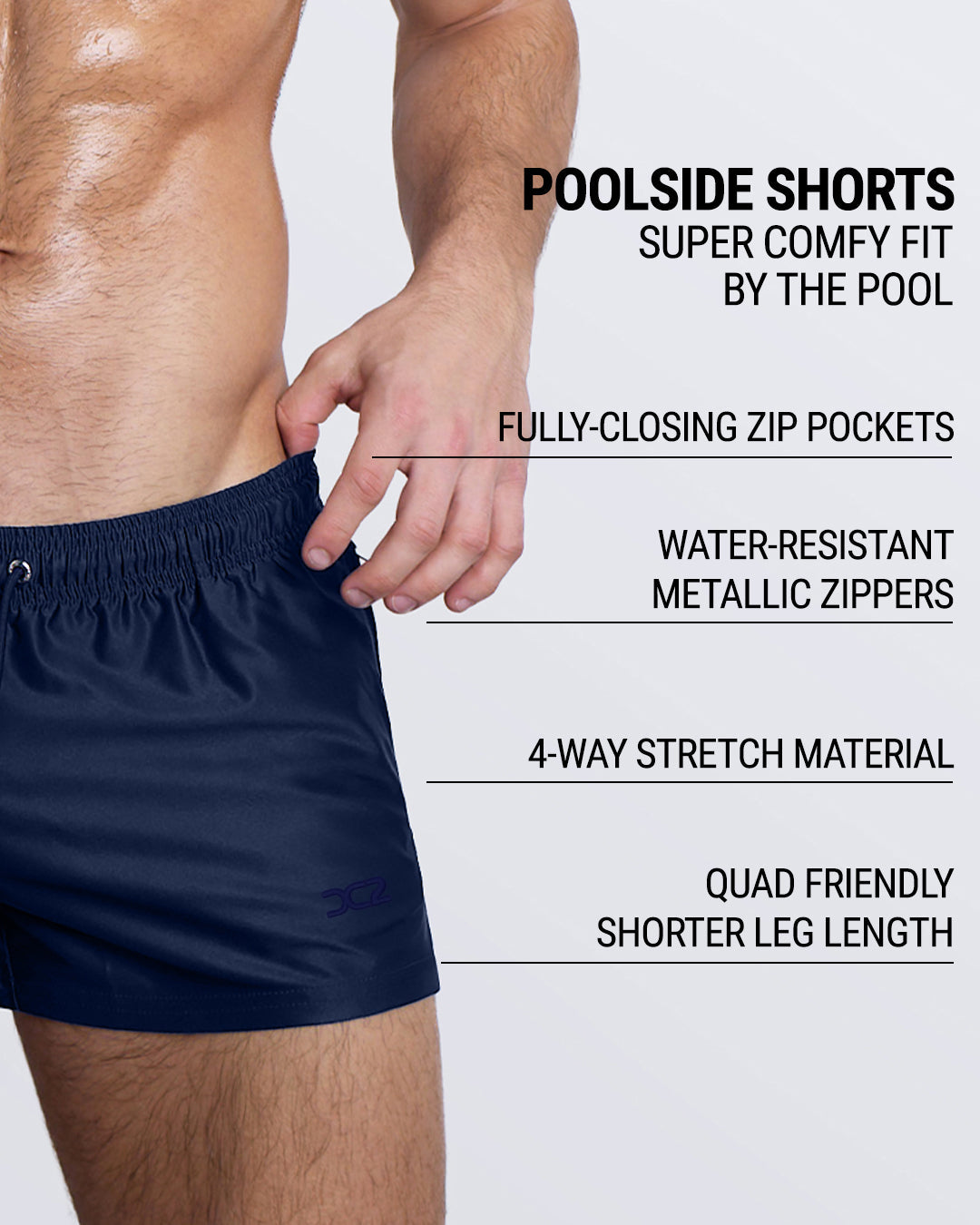 Navy Boomer DC2 Poolside Shorts—highlighting zip pockets, 4-way stretch, and shorter sporty leg cut.