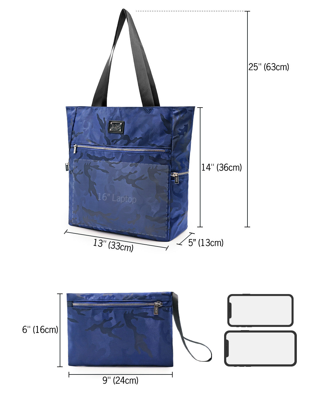 Sizing infographic for the NAVY BLUE CAMO Poolside Tote Bag by DC2 Miami. The main tote bag measures 25 inches (63 cm) in height including straps, 14 inches (36 cm) in height without straps, and 5 inches (13 cm) in depth, accommodating a 16-inch laptop. The detachable pouch measures 9 inches (24 cm) in width and 6 inches (16 cm) in height.