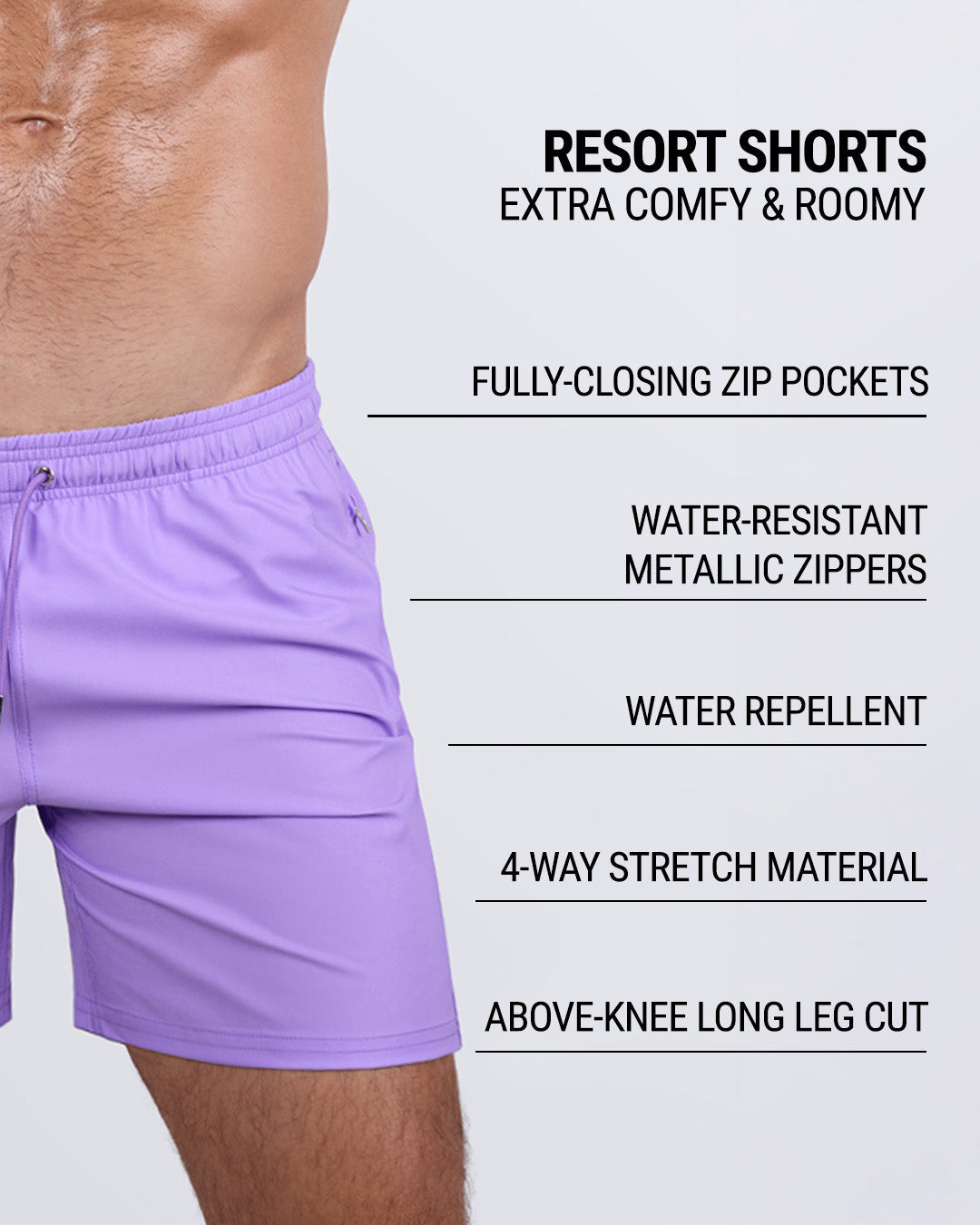 Close-up side view of a male model wearing DC2’s NEO VIOLET Resort Shorts, highlighting their premium features. These men's swim shorts offer a roomy fit, fully-closing zip pockets, water-resistant metallic zippers, and a water-repellent fabric. Made with 4-way stretch material, they provide ultimate comfort and flexibility. Designed by DC2, a Miami-based brand known for high-quality men's beachwear.