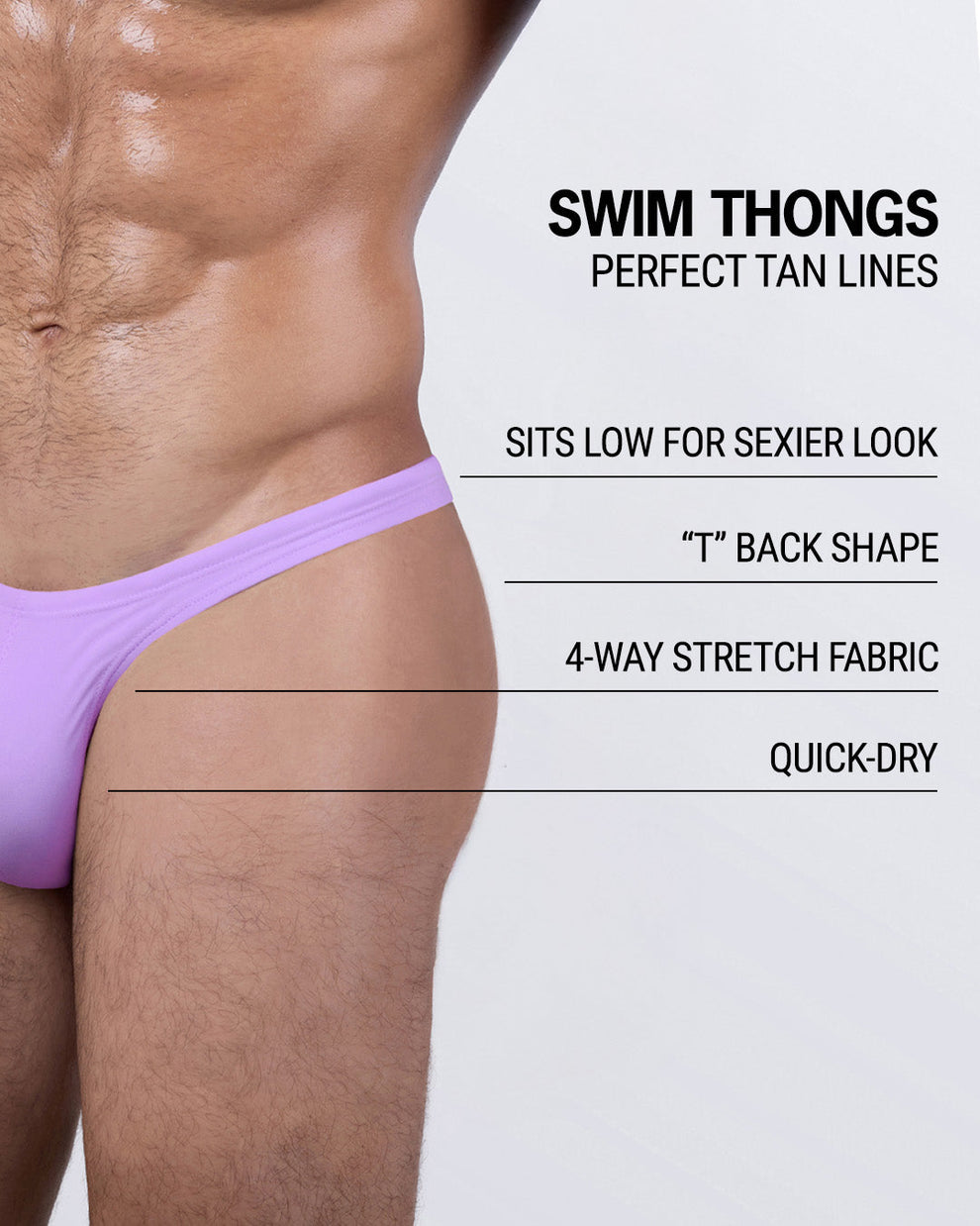 Infographic highlighting DC2 NEO VIOLET Swim Thong features – quick-dry, 4-way stretch fabric, T-back thong cut, and low-rise fit for enhanced sex appeal.