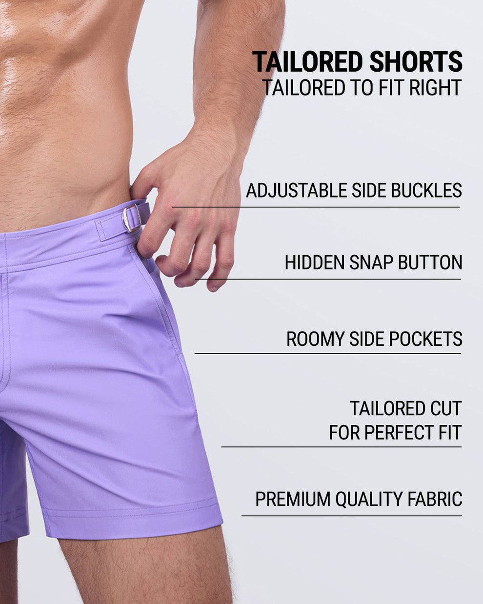 Highlighting the Neo Violet Tailored Shorts key features: adjustable side buckles, roomy side pockets, hidden snap button, tailored fit, and premium-quality fabric for ultimate style and comfort.