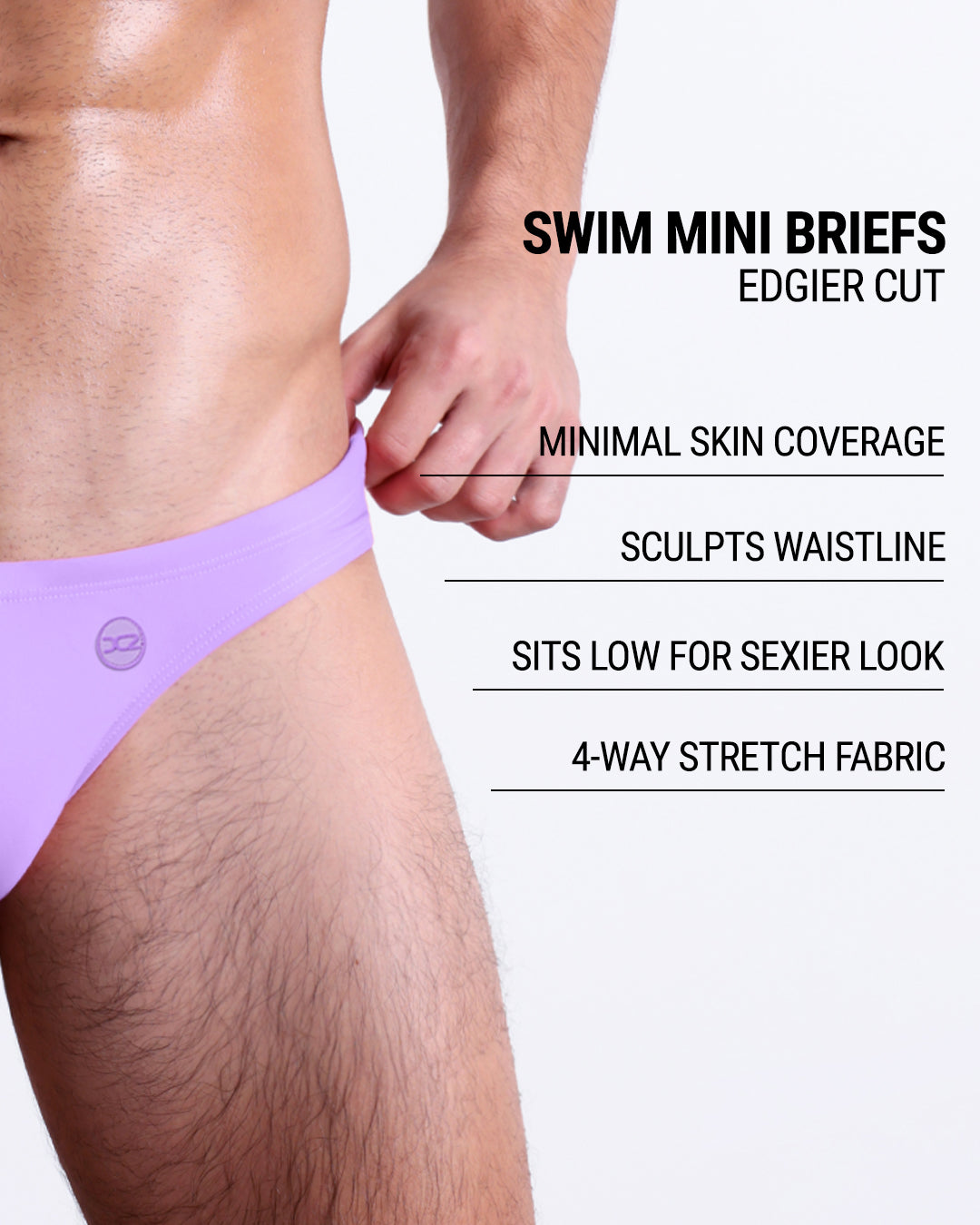 Product details graphic of NEO VIOLET Swim Mini Briefs — showcasing 4-way stretch fabric, minimal skin coverage, and waistline-sculpting fit.