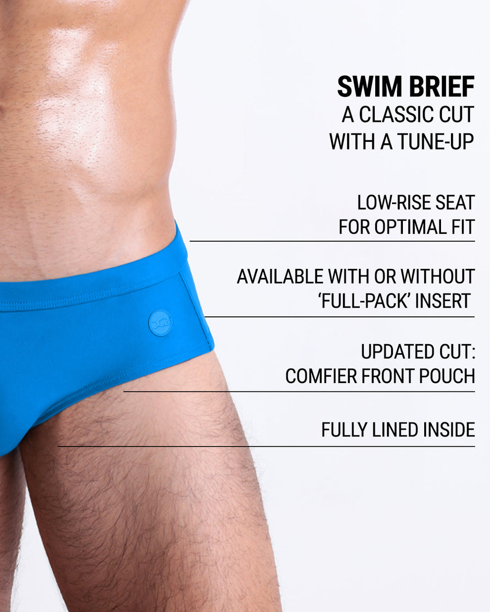 DC2 New Wave Blue Swim Brief — product graphic highlighting low-rise seat, updated front pouch, full lining, and optional ‘Full-Pack’ insert.