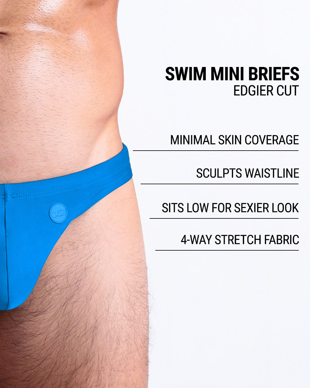 Product details graphic of NEW WAVE BLUE Swim Mini Briefs — showcasing edgier cut, minimal coverage, and body-sculpting design.