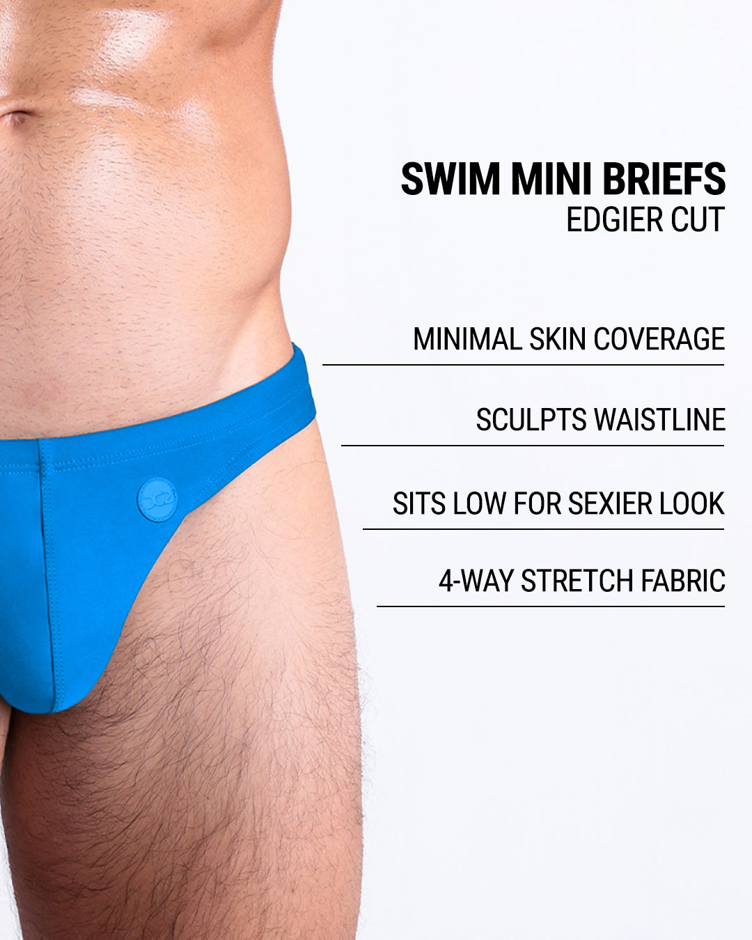 Product details graphic of NEW WAVE BLUE Swim Mini Briefs — showcasing edgier cut, minimal coverage, and body-sculpting design.